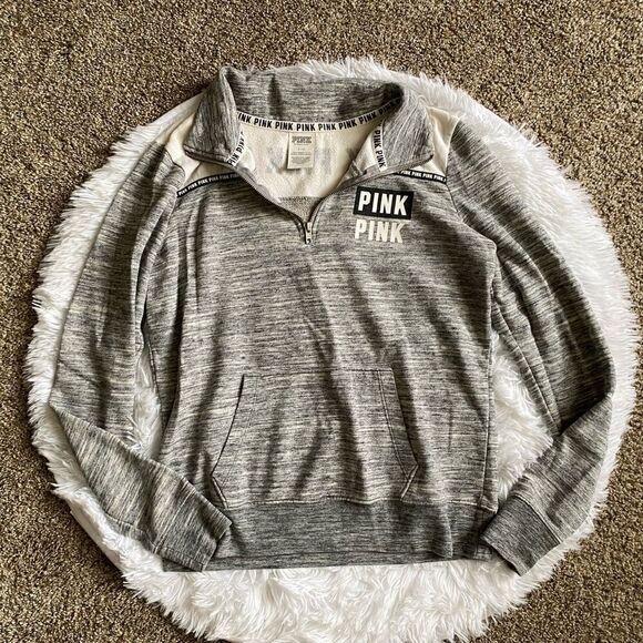 Victoria’s Secret PINK Quarter Zip Pullover Sweatshirt Gray Womens Size Small - Picture 1 of 9